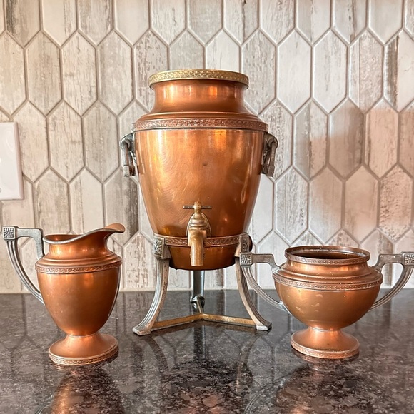 Vintage Universal Copper Samovar Coffee Urn Set L.F.&C. E9189 w Creamer Sugar - Picture 1 of 16